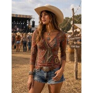 Country Western Y2K Babydoll Top L Chaps Ralph Lauren Aztec Stretch Festival